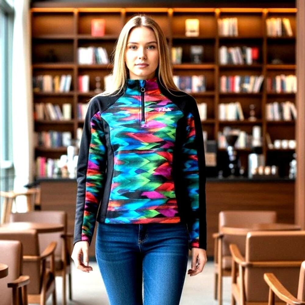 Stylish FILA SPORT Women's 1/4 Zip Black & Multi-colored Pullover Top - Size S